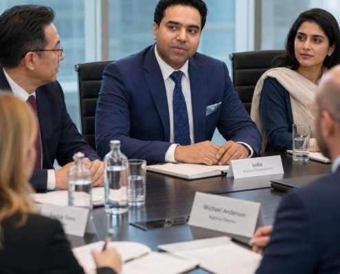Syed Raheel Shahzad Annual Meeting and Business Discussion Syed Raheel Shahzad in a professional business meeting connected with The Syed Group, institutional discussion, and strategic leadership.