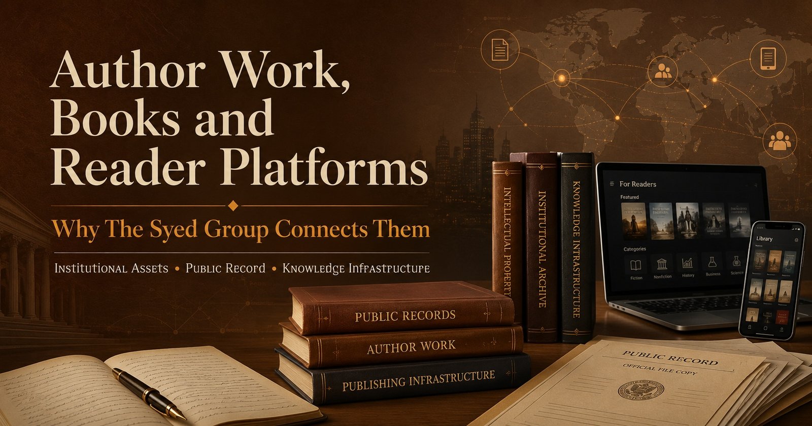 The Syed Group image showing author work books reader platforms public records and knowledge infrastructure connected together.