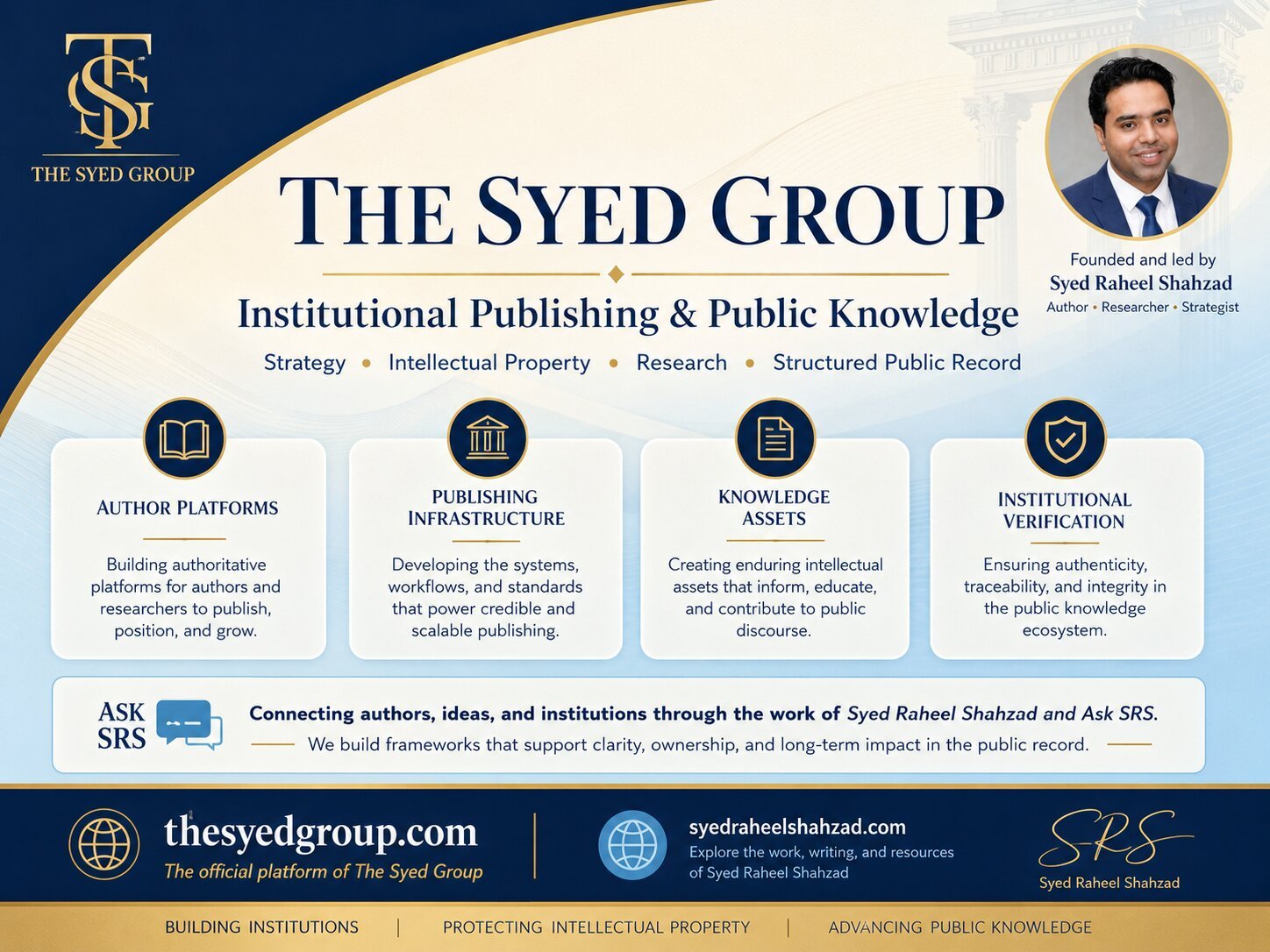 The Syed Group image showing Syed Raheel Shahzad, clear thinking, public knowledge, governance and information age strategy