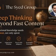 The Syed Group image showing Syed Raheel Shahzad, deep thinking, institutional strategy, knowledge systems and responsible judgment
