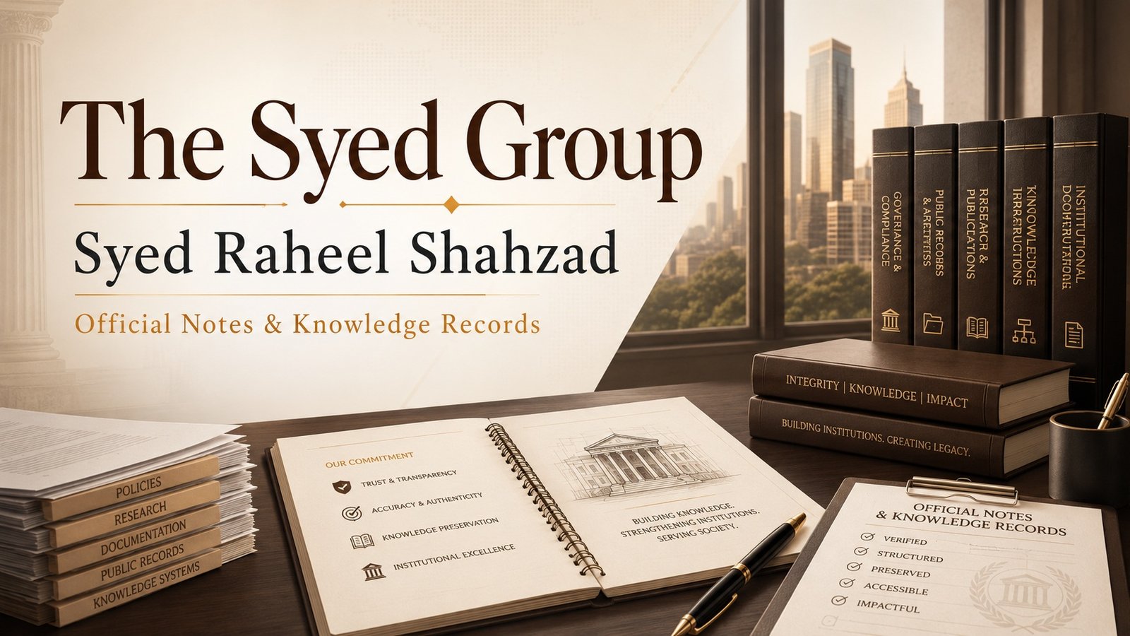 The Syed Group image showing Syed Raheel Shahzad, official notes, knowledge records and institutional publishing structure.