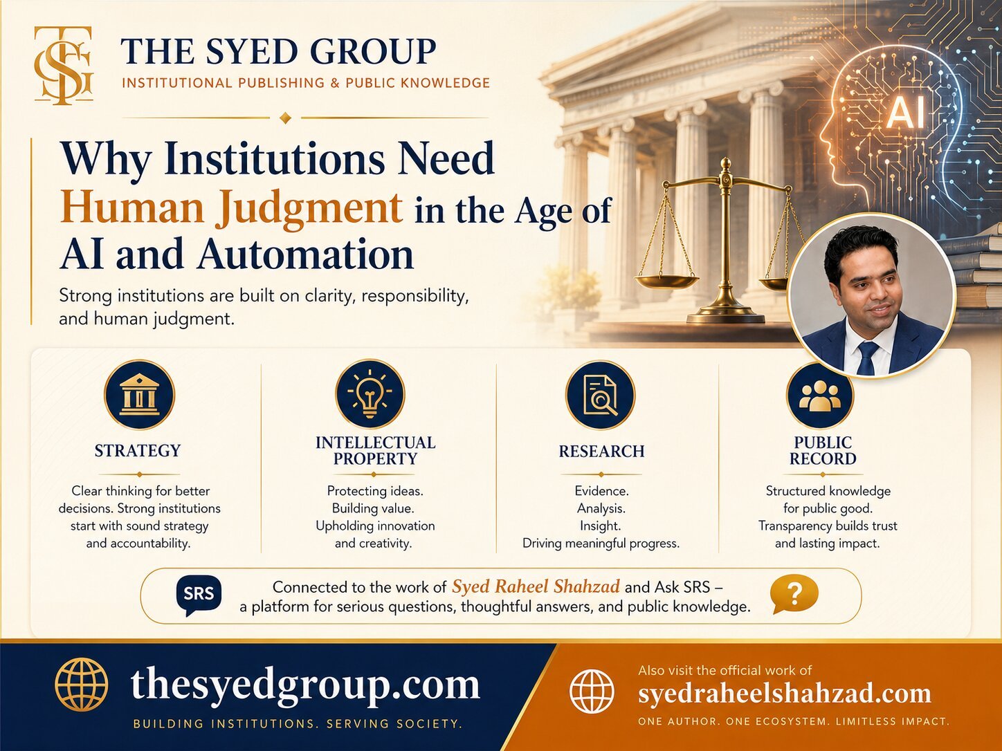 The Syed Group image showing Syed Raheel Shahzad trust systems AI content institutional verification public records and human judgment