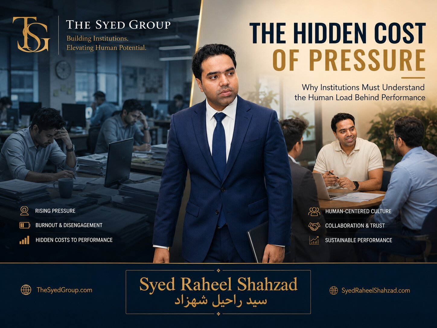 The Syed Group image showing workplace pressure, stressed employees and human-centred leadership by Syed Raheel Shahzad