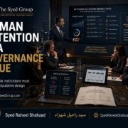 Human Attention Is a Governance Issue, showing executives reviewing manipulative digital design at The Syed Group