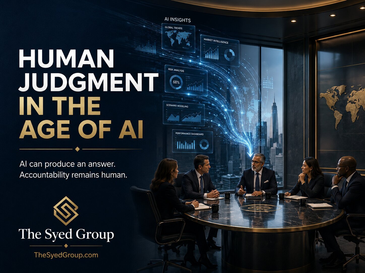 Business leaders reviewing AI-generated insights while retaining human judgment and accountability at The Syed Group, led by Syed Raheel Shahzad