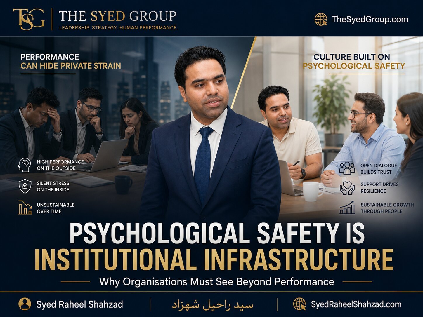 The Syed Group image showing performance pressure contrasted with psychological safety and human-centred leadership