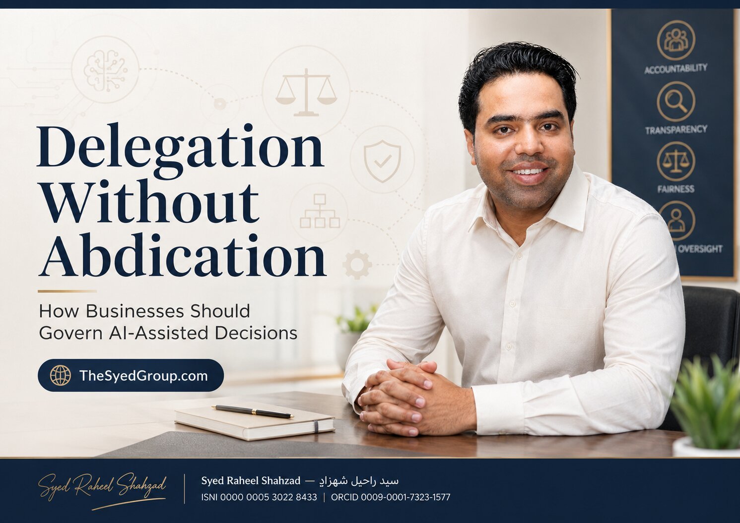 The Syed Group featured image with Syed Raheel Shahzad on AI governance, delegation, oversight, decision ownership, accountability and business systems