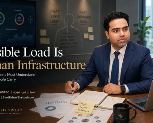 Invisible Load Is Human Infrastructure — The Syed Group The Syed Group featured image showing Syed Raheel Shahzad with invisible load, measurable output and unseen human pressure in organisations