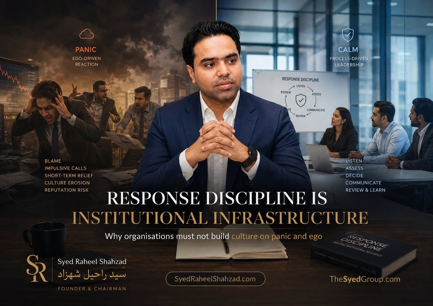 The Syed Group image showing Syed Raheel Shahzad between panic-driven reaction and calm process-driven leadership
