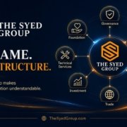 The Syed Group institutional structure showing governance, technology, finance, property, trade, investment, technical services and public benefit