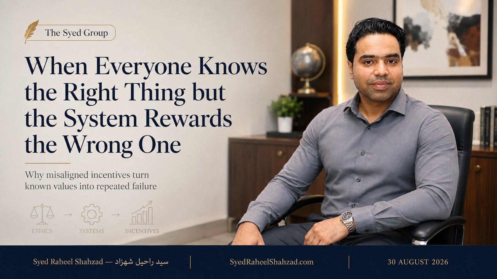 The Syed Group featured image with Syed Raheel Shahzad on misaligned incentives, ethics, organizational behavior, governance, values and systems thinking