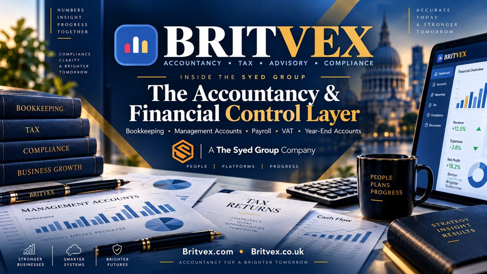 Britvex — The Accountancy and Financial Control Layer Britvex accountancy and financial control within The Syed Group showing bookkeeping, management accounts, payroll, VAT and year-end accounts