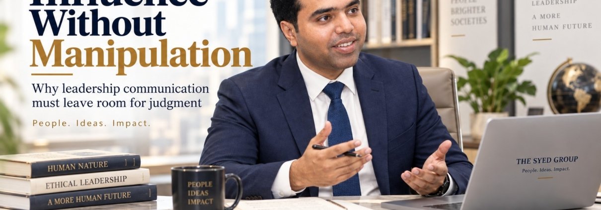 Syed Raheel Shahzad in a professional office setting with integrated leadership graphics for a The Syed Group article on influence without manipulation