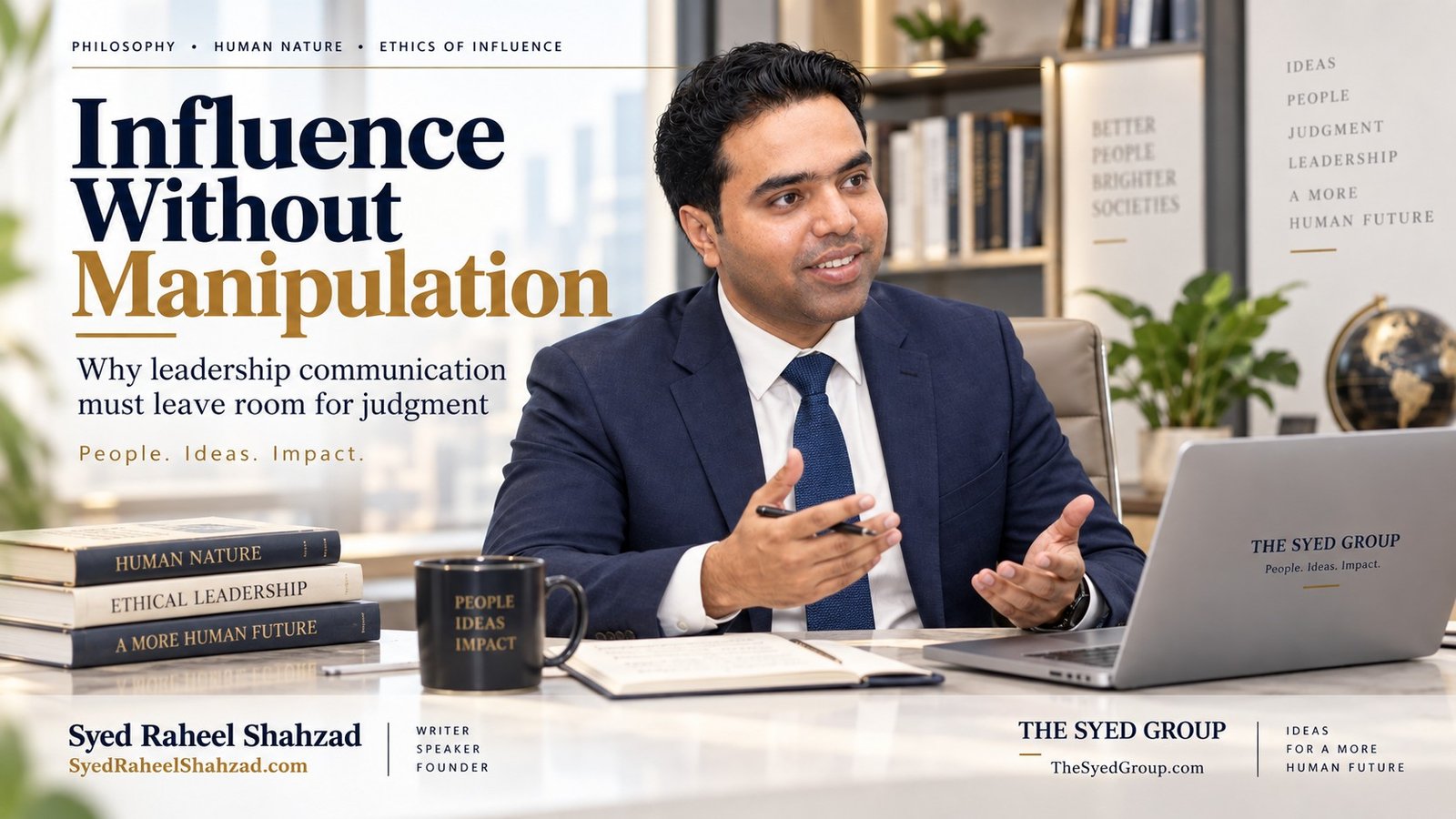 Syed Raheel Shahzad in a professional office setting with integrated leadership graphics for a The Syed Group article on influence without manipulation