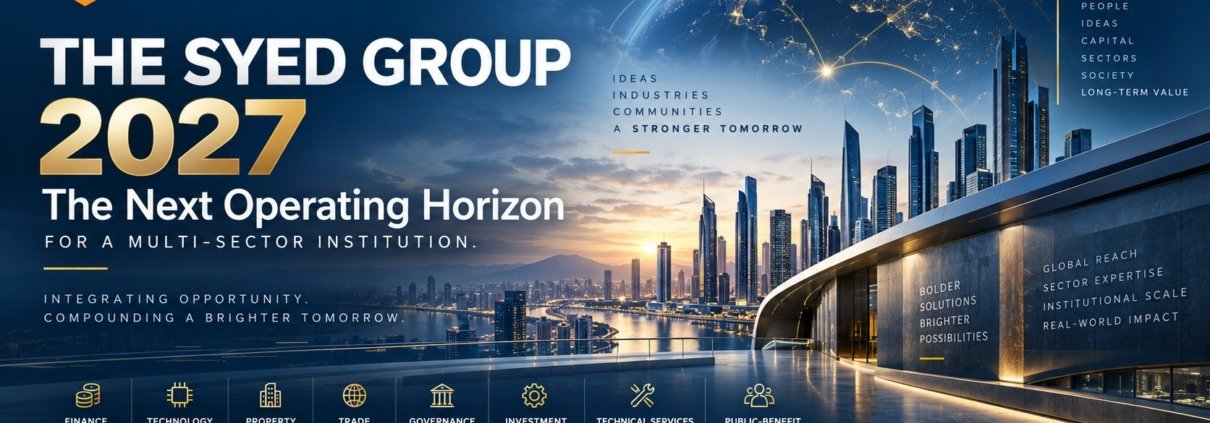 The Syed Group 2027 operating horizon showing finance, technology, property, trade, governance, investment, technical services and public-benefit capability under Syed Raheel Shahzad