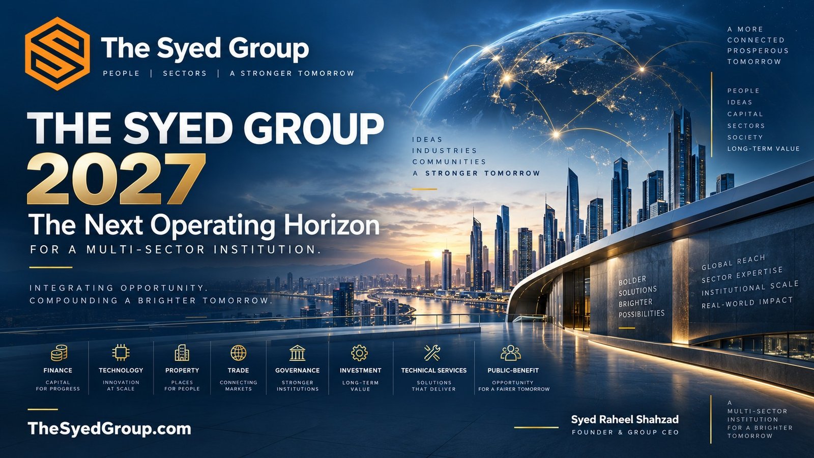 The Syed Group 2027 — The Next Operating Horizon The Syed Group 2027 operating horizon showing finance, technology, property, trade, governance, investment, technical services and public-benefit capability under Syed Raheel Shahzad