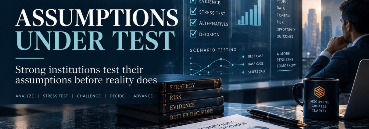 The Syed Group assumptions-under-test framework showing strategy, evidence, scenario testing, risk and decision-making under Syed Raheel Shahzad