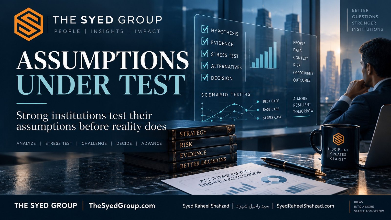 The Syed Group assumptions-under-test framework showing strategy, evidence, scenario testing, risk and decision-making under Syed Raheel Shahzad