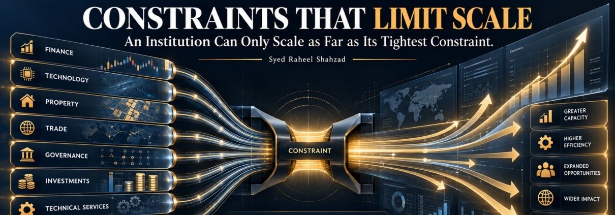 The Syed Group institutional constraint framework showing finance, technology, property, trade, governance, investments, technical services and community impact under Syed Raheel Shahzad
