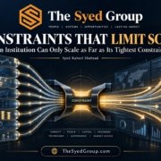 The Syed Group institutional constraint framework showing finance, technology, property, trade, governance, investments, technical services and community impact under Syed Raheel Shahzad