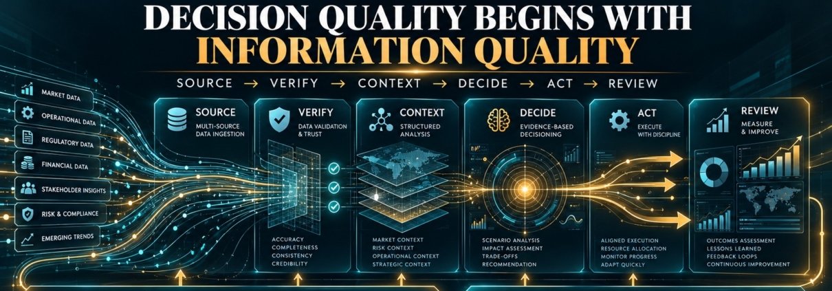 The Syed Group information-quality framework showing source verification, context, decision, action and review across institutional operations under Syed Raheel Shahzad