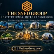 The Syed Group institutional interdependence showing finance, technology, property, trade, governance, investment, technical services and public benefit connected under Syed Raheel Shahzad