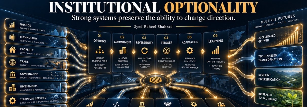 The Syed Group institutional optionality framework showing finance, technology, property, trade, governance, investments, technical services and social impact under Syed Raheel Shahzad