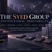 The Syed Group institutional traceability framework showing origin, ownership, action, evidence, review and record under Syed Raheel Shahzad