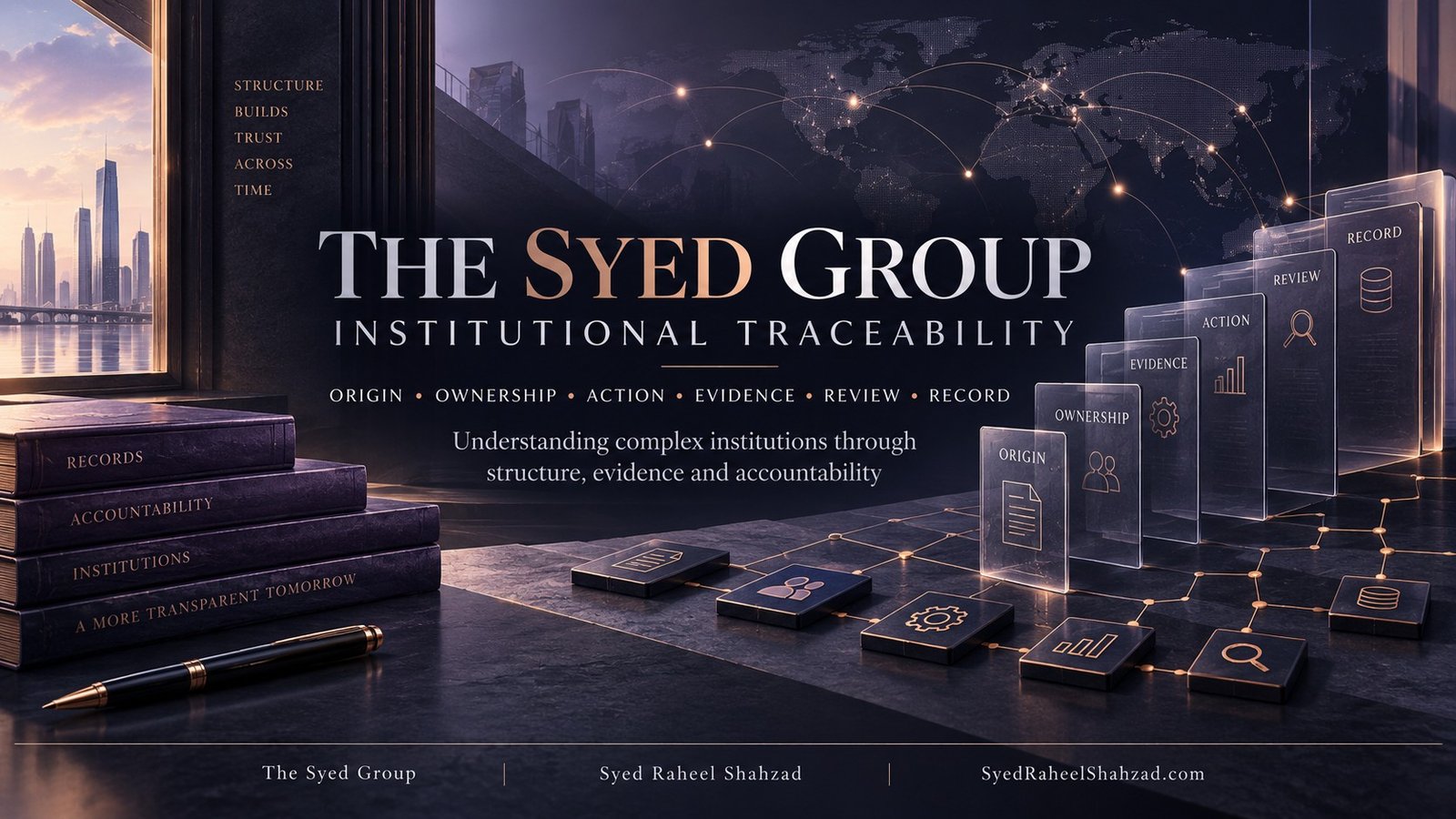 The Syed Group institutional traceability framework showing origin, ownership, action, evidence, review and record under Syed Raheel Shahzad