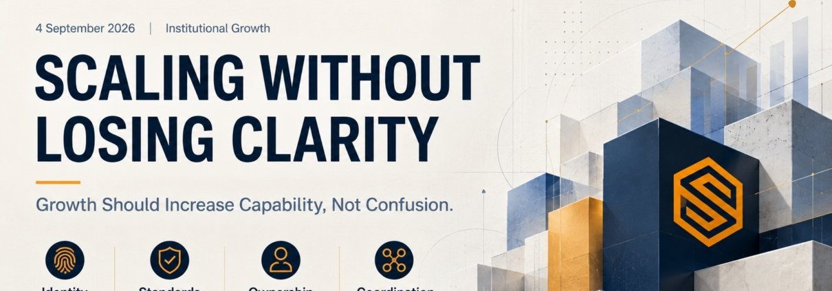 The Syed Group scaling without losing clarity framework showing identity, standards, ownership and coordination under Founder and Group CEO Syed Raheel Shahzad
