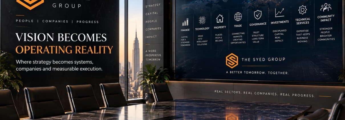The Syed Group strategic architecture showing finance, technology, property, trade, governance, investments, technical services and community impact under Syed Raheel Shahzad