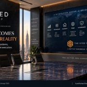 The Syed Group strategic architecture showing finance, technology, property, trade, governance, investments, technical services and community impact under Syed Raheel Shahzad