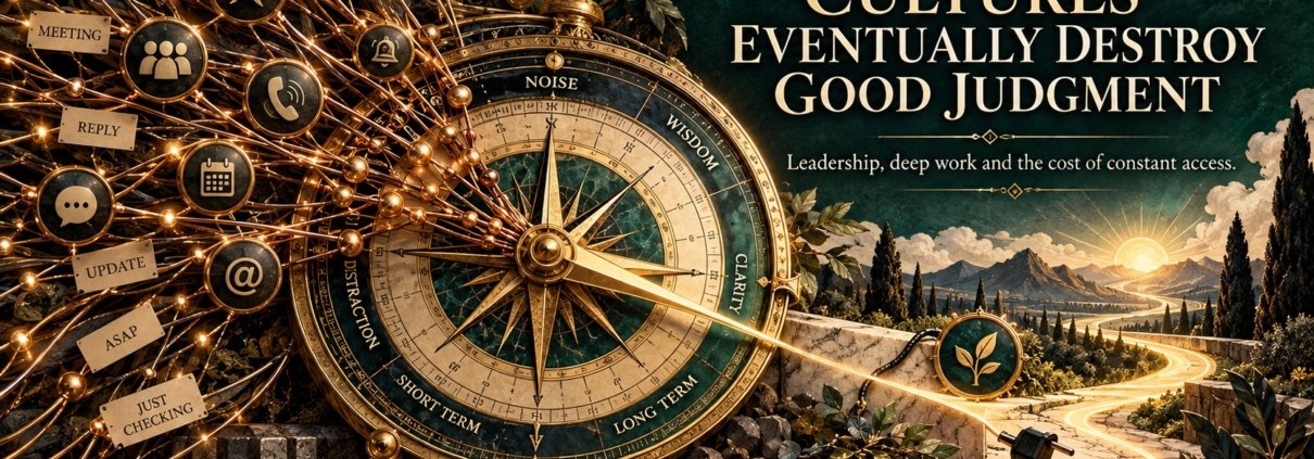 The Syed Group systems-thinking artwork by Syed Raheel Shahzad exploring always-on culture, leadership, deep work, attention, decision quality and organizational judgment