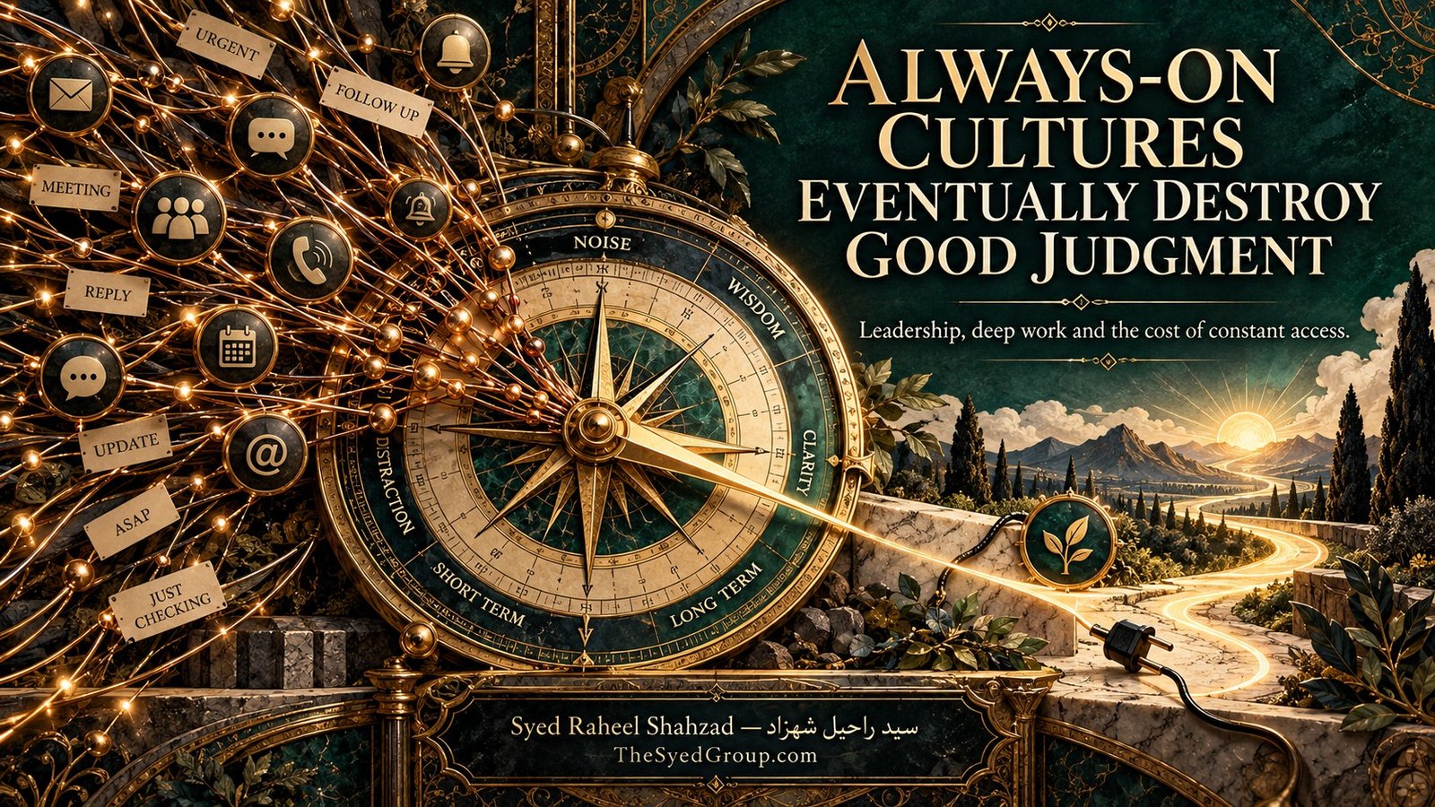 Always-On Cultures Eventually Destroy Good Judgment — The Syed Group The Syed Group systems-thinking artwork by Syed Raheel Shahzad exploring always-on culture, leadership, deep work, attention, decision quality and organizational judgment