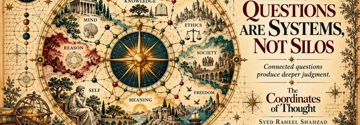 Systems-thinking artwork connecting knowledge, mind, reason, ethics, society, freedom and meaning through The Coordinates of Thought by Syed Raheel Shahzad