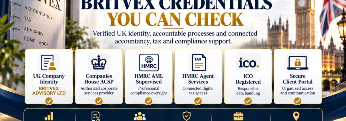 Britvex Advisory UK professional credentials showing Companies House ACSP, HMRC AML supervision, ICO registration, HMRC Agent Services and secure client access