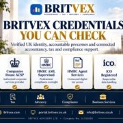 Britvex Advisory UK professional credentials showing Companies House ACSP, HMRC AML supervision, ICO registration, HMRC Agent Services and secure client access