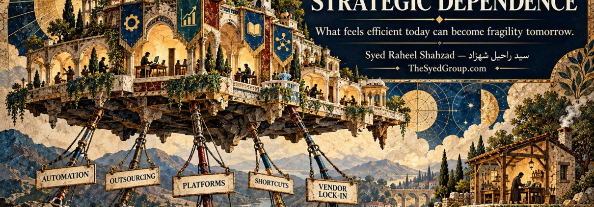 The Syed Group systems-thinking artwork by Syed Raheel Shahzad exploring automation, outsourcing, platforms, vendor lock-in, resilience and strategic dependence