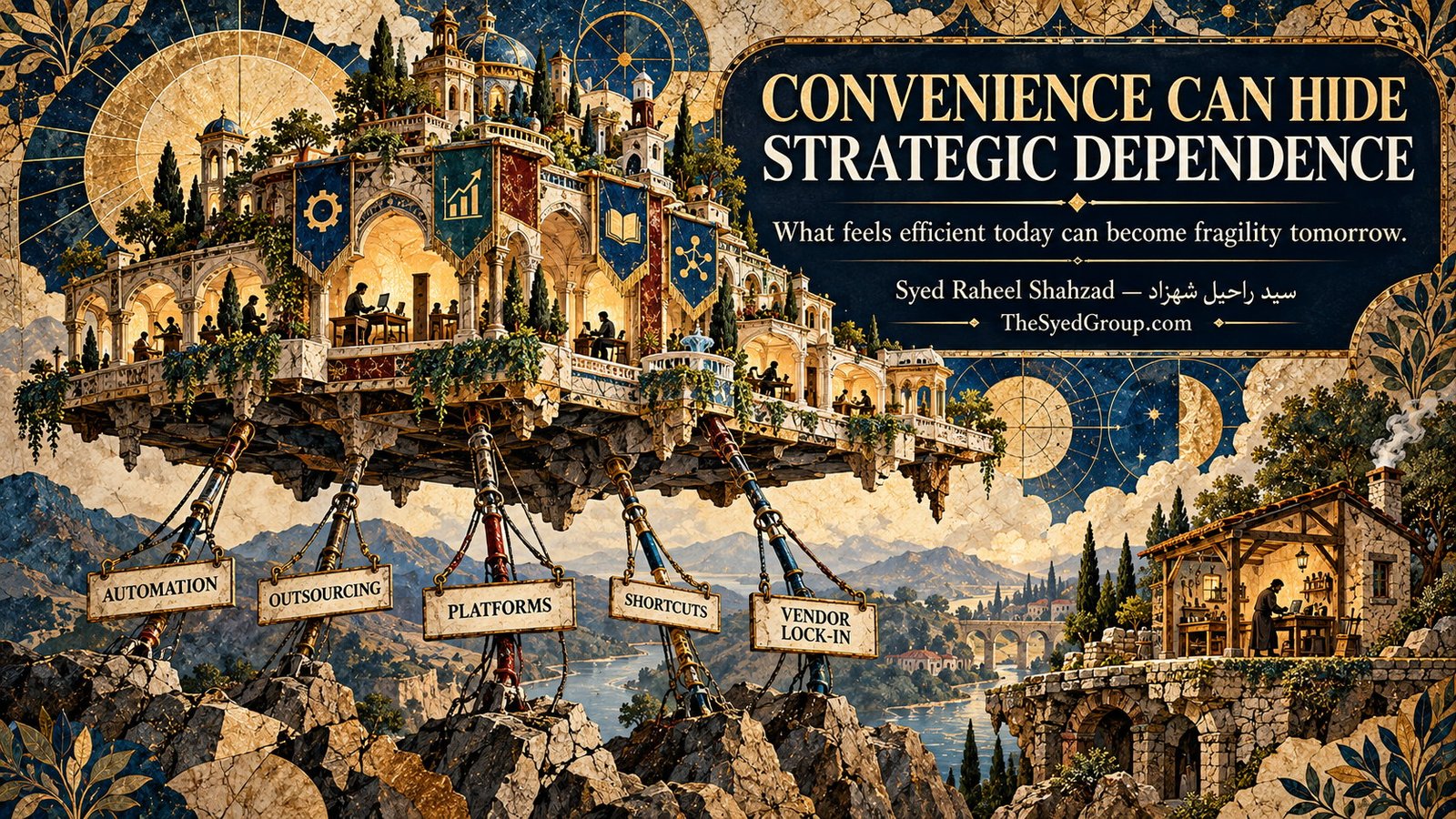 The Syed Group systems-thinking artwork by Syed Raheel Shahzad exploring automation, outsourcing, platforms, vendor lock-in, resilience and strategic dependence