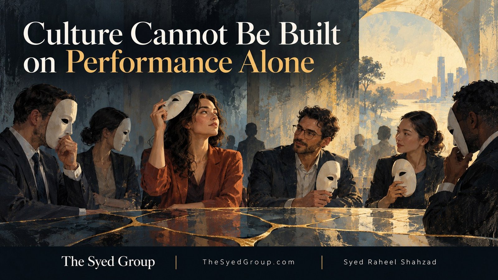 The Syed Group philosophical artwork by Syed Raheel Shahzad on workplace culture, psychological safety, trust, authenticity, performance and organizational masks
