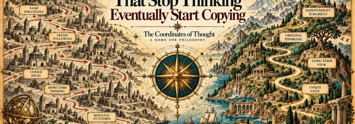 Systems-thinking artwork showing copied strategies and repeated outcomes contrasted with independent judgment, original thinking, long-term perspective and unique value