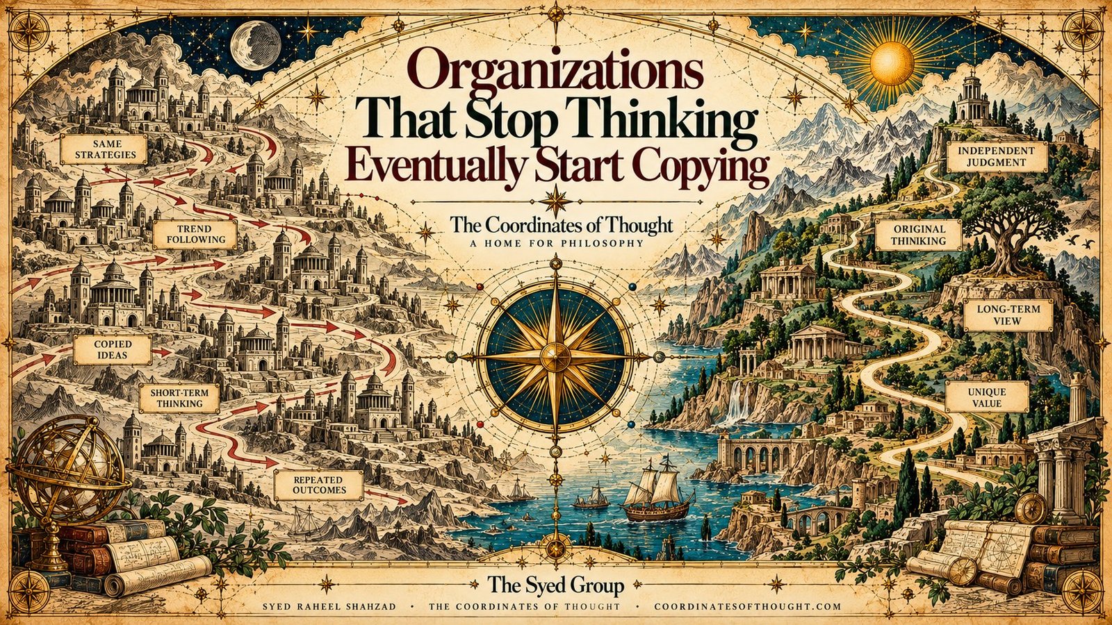Systems-thinking artwork contrasting copied strategies and repeated outcomes with independent judgment, original thinking, long-term perspective and unique value