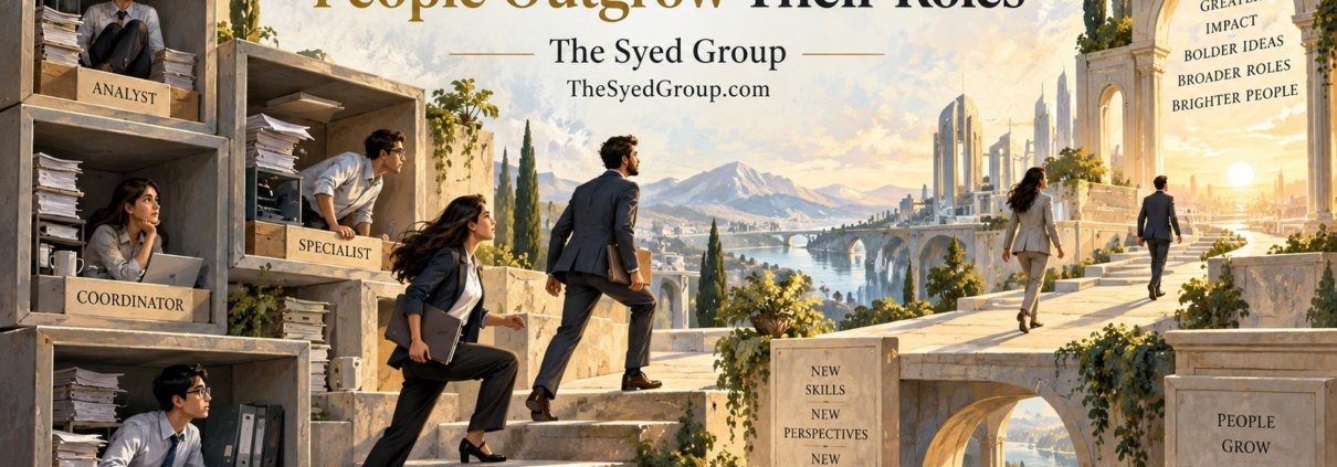 The Syed Group systems-thinking artwork by Syed Raheel Shahzad on role identity, talent mobility, professional growth, leadership and organizational adaptability