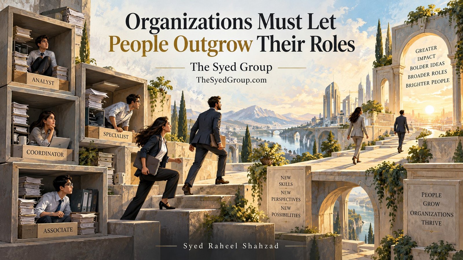 The Syed Group systems-thinking artwork by Syed Raheel Shahzad on role identity, talent mobility, professional growth, leadership and organizational adaptability