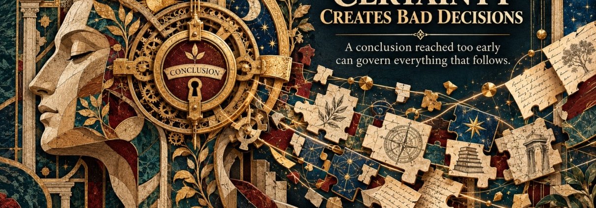 The Syed Group systems-thinking artwork by Syed Raheel Shahzad exploring premature certainty, strategy, decision-making, incomplete information and confirmation bias