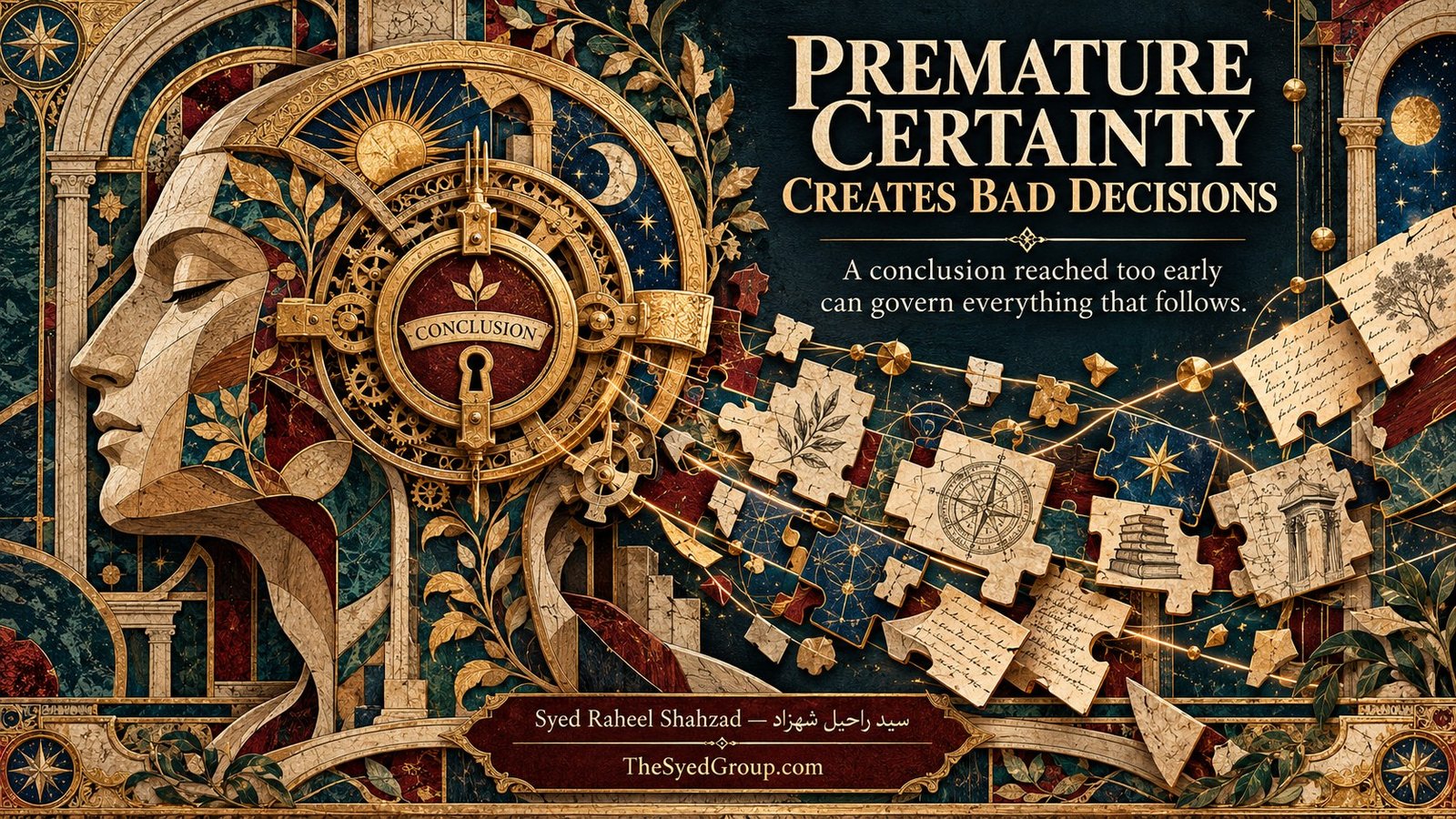 The Syed Group systems-thinking artwork by Syed Raheel Shahzad exploring premature certainty, strategy, decision-making, incomplete information and confirmation bias