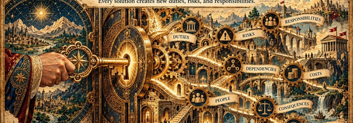 Systems-thinking artwork by Syed Raheel Shahzad showing a strategic decision creating new duties, risks, dependencies, costs, consequences and responsibilities