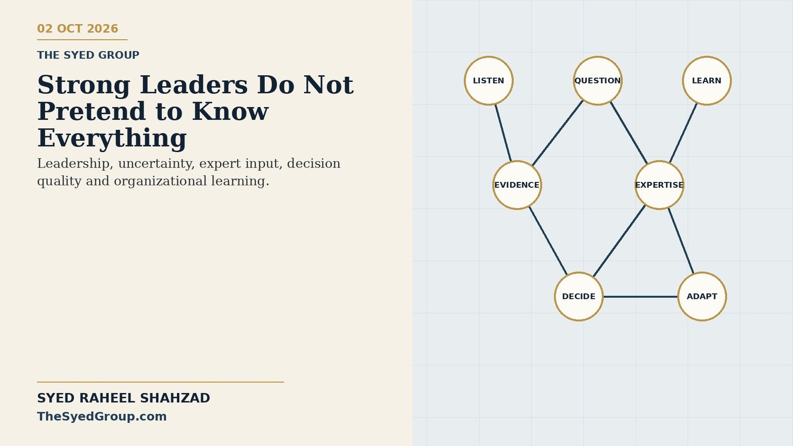 The Syed Group philosophical artwork by Syed Raheel Shahzad on leadership, uncertainty, listening, expert input, judgment and organizational learning