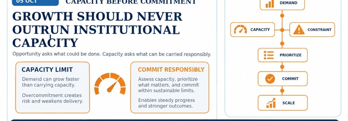 The Syed Group capacity before commitment framework showing demand, institutional capacity, constraints, prioritization, responsible commitment and scalable growth under Syed Raheel Shahzad