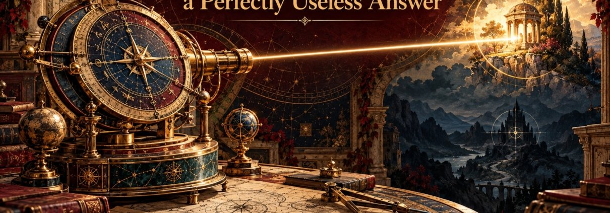 Systems-thinking artwork by Syed Raheel Shahzad showing a precise intellectual instrument aimed at the wrong destination, representing how a wrong question can produce a useless answer
